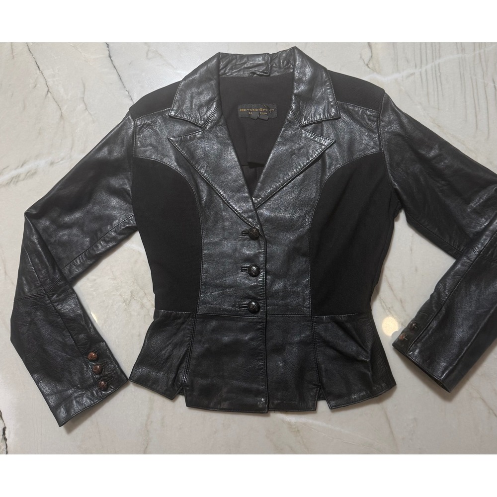 Beyond Sport California Black Leather Mixed Media Peplum Blazer Jacket Vintage M